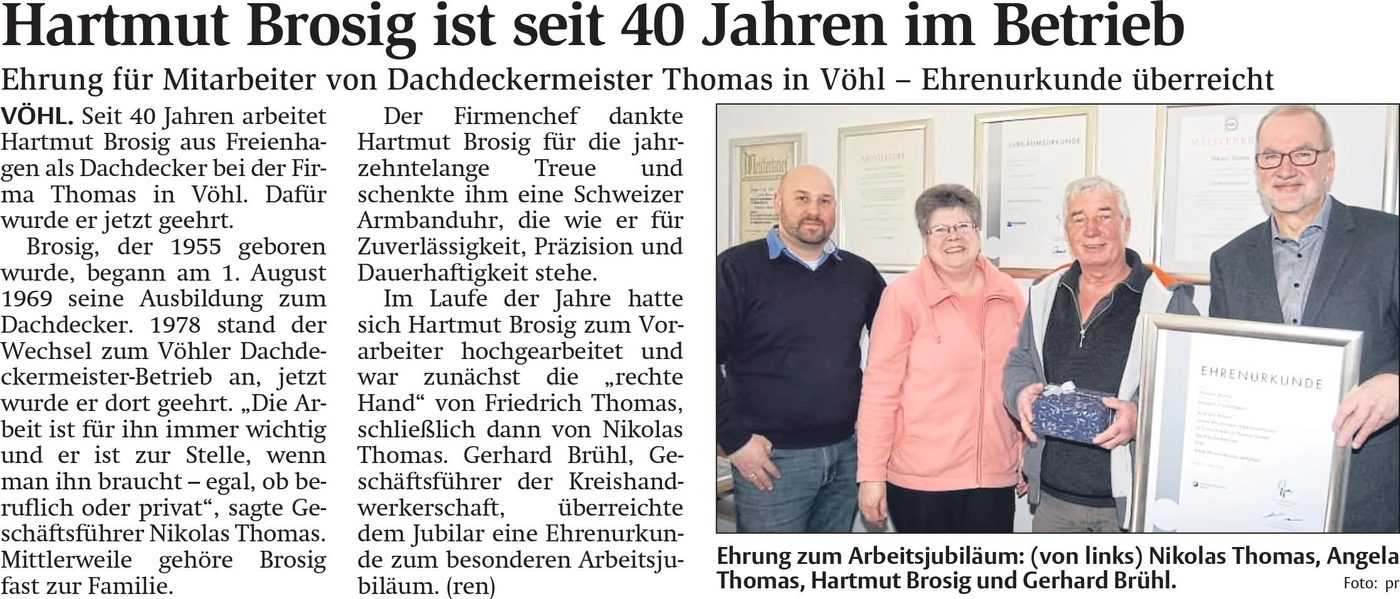 Hartmut Brosig wurde für sein 40-jähriges Firmenjubiläum geehrt